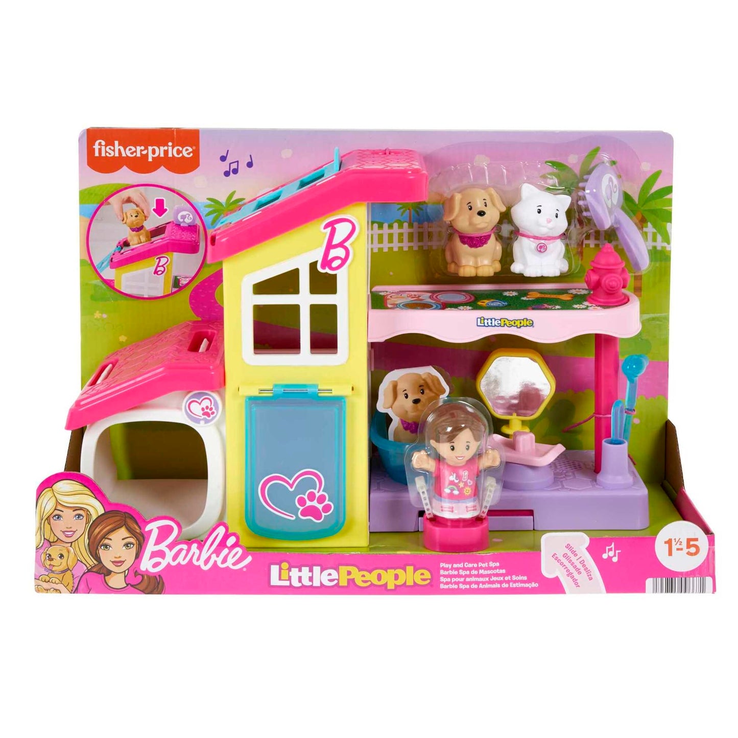 Fisher-Price Little People Barbie Toddler Toy Play and Care Pet Spa Playset with Music & Sounds for Pretend Play Kids Ages 18+ Months, HJW76