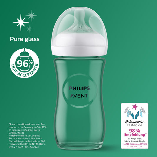 Philips Avent Glass Baby Bottle Newborn Gift Set - 3 Baby Milk Bottles, Ultra-Soft Pacifier for Babies Aged 0-6 Months+ (Model SCD878/11)