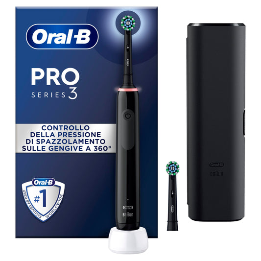Oral-B PRO 3 3500 Elektrische Zahnbürste/Electric Toothbrush, 2 Aufsteckbürsten, mit 3 Putzmodi und visueller 360° Andruckkontrolle für Zahnpflege, Reiseetui, Geschenk Mann/Frau, Schwarz