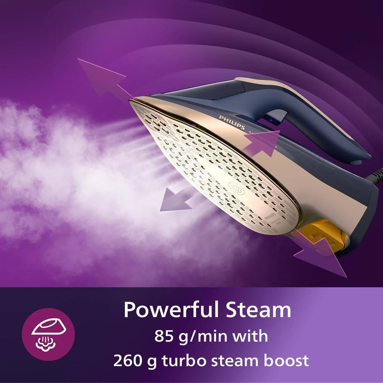 Philips Azur 8000 Series Steam Iron - 85 g/min of Continuous Steam, 260g Turbo Steam Boost, 3000 W, OptimalTEMP Technology, SteamGlide Elite Soleplate, Dark Blue (DST8050/26)