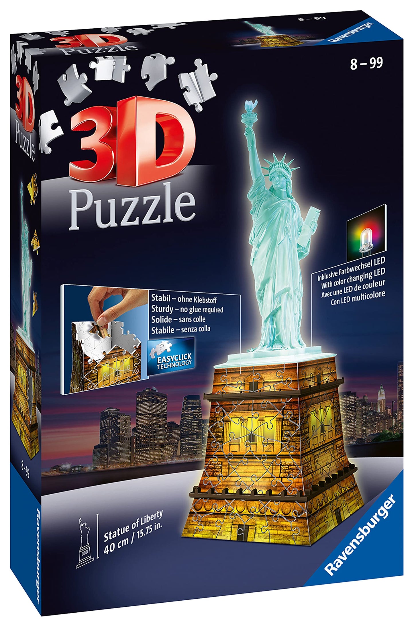 Ravensburger Statue of Liberty 108 Piece 3D Jigsaw Puzzle for Adults and Kids Age 8 Years Up - Night Edition with LED Lighting - New York USA