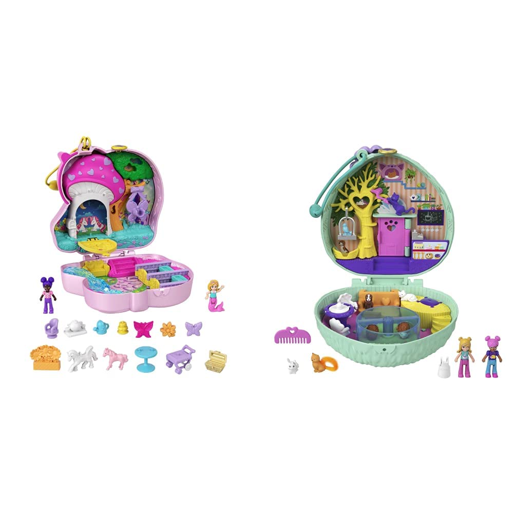 Polly Pocket Unicorn Forest Compact Tea Party-Themed Playset with Glitter Horn, 2 Micro Dolls & 13 Accessories, Toy Gift for Ages 4 Years Old & Up