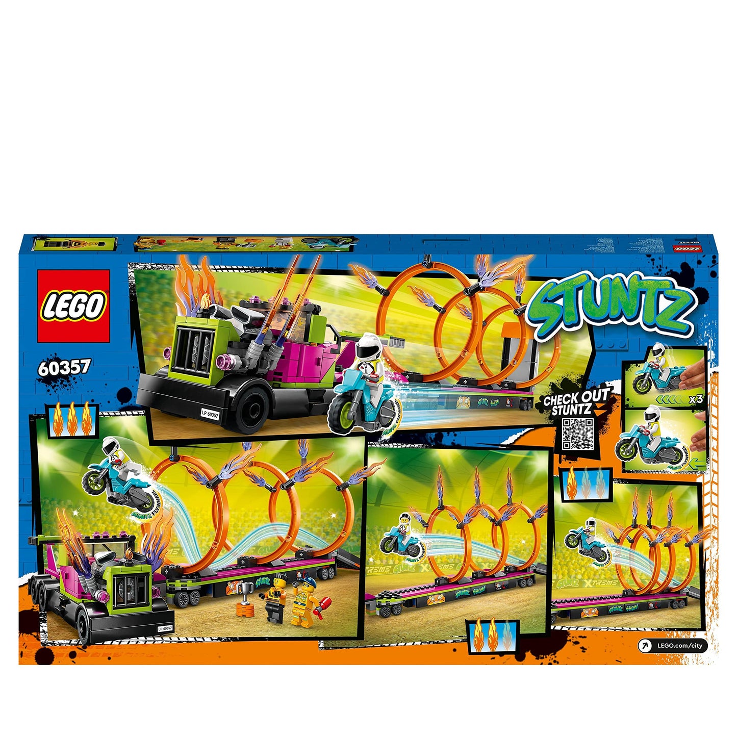 Lego 60357 City Stuntz Stunttruck mit Feuerreifen-Challenge, mit schwungradbetriebenem Motorradspielzeug und Minifiguren, lustiges Geschenk für Kinder ab 6 Jahren, 2023 Set