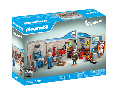 Playmobil 71620 Cars: 60s Vespa Garage, including movable lifting platform, with versatile accessories for an authentic workshop, for vehicle enthusiasts, children and adults