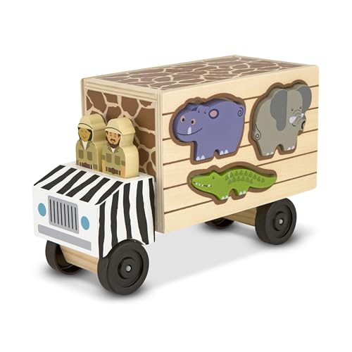 Melissa & Doug Wooden Shape Sorter Rescue Truck with Zoo & Safari Animals Toys for Kids | Wooden Puzzles for 2+ Year Olds | Montessori Toddler Wooden Animal Toys | Toddler Puzzles, Black