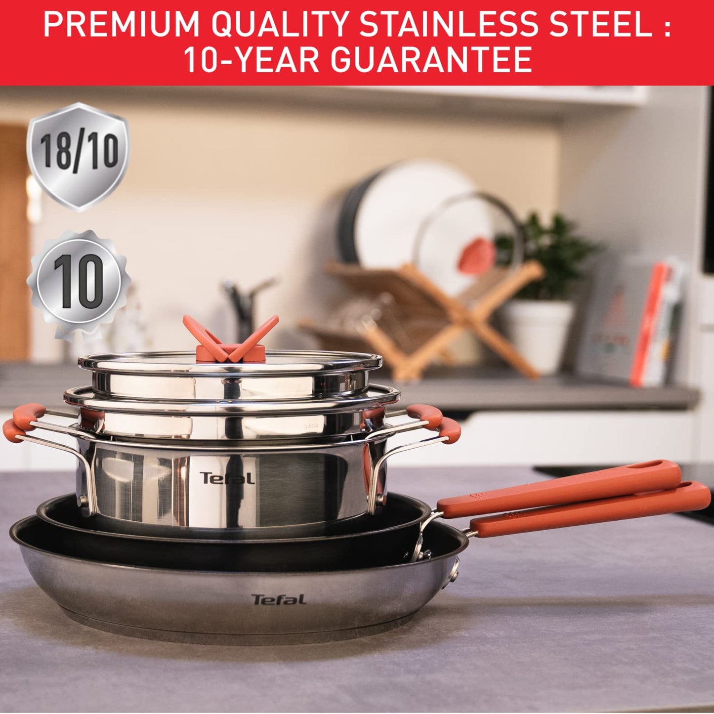 Tefal Opti'space Stainless Steel 6 Piece pots & Pans Set stewpots 18/20cm +lids Frying Pans 24/28cm, All hobs Compatible Including Induction, G720S604