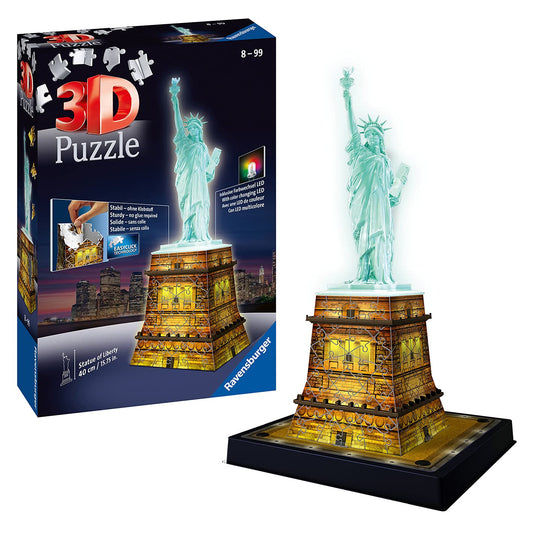 Ravensburger Statue of Liberty 108 Piece 3D Jigsaw Puzzle for Adults and Kids Age 8 Years Up - Night Edition with LED Lighting - New York USA