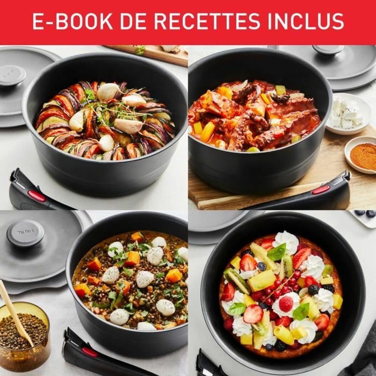 Tefal Ingenio Set of 6 Induction, Cast Aluminium, Frying Pan, Wok + Glass Lid, Casserole + Cast Iron Lid, Removable Handle, Dishwasher Safe, Inspiration L867S604