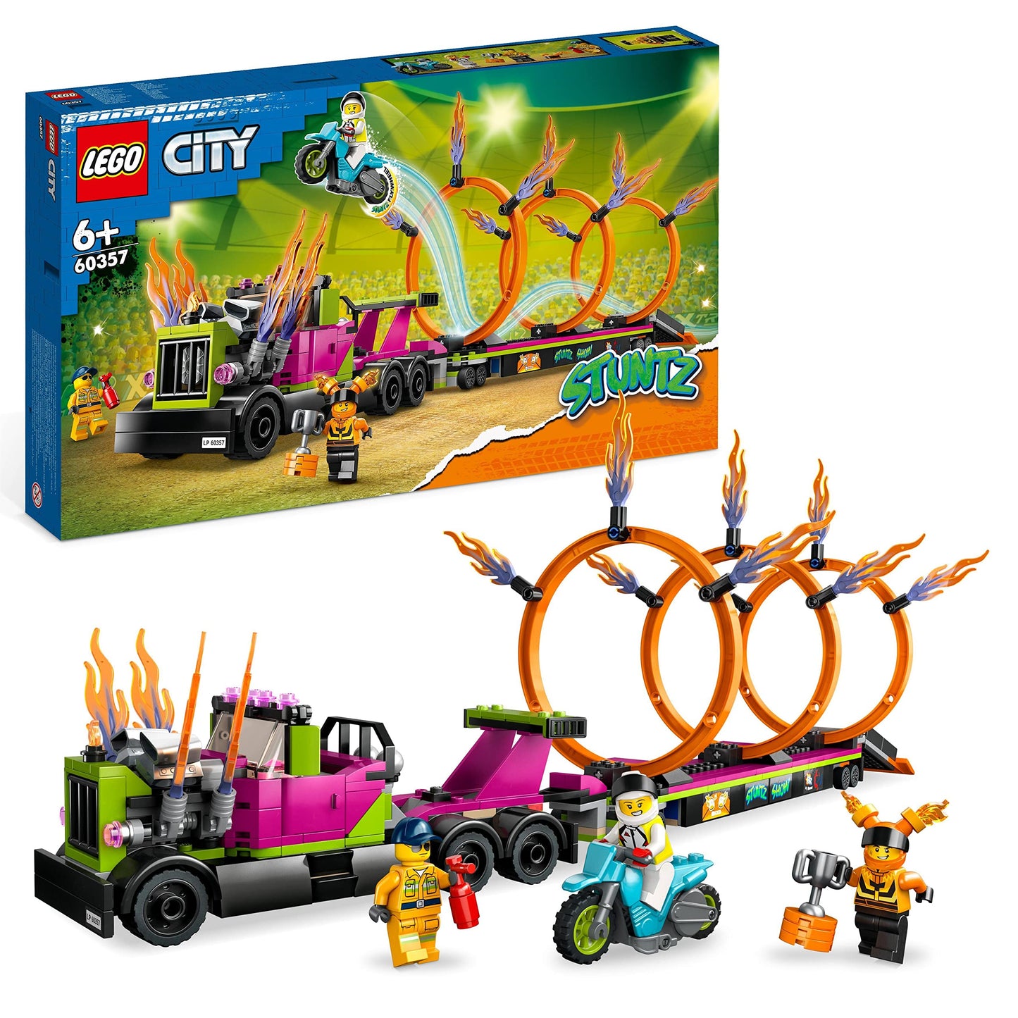 Lego 60357 City Stuntz Stunttruck mit Feuerreifen-Challenge, mit schwungradbetriebenem Motorradspielzeug und Minifiguren, lustiges Geschenk für Kinder ab 6 Jahren, 2023 Set