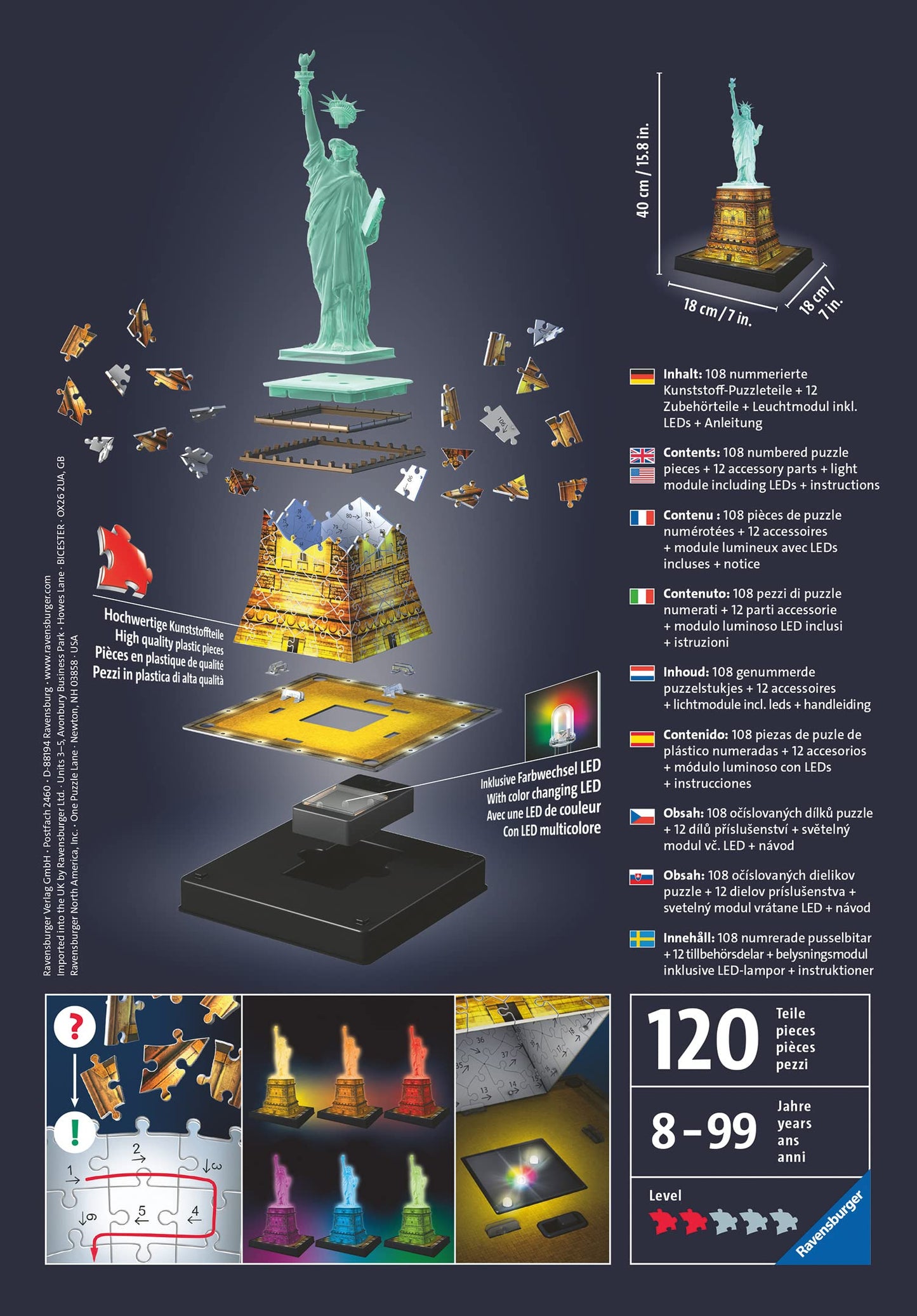 Ravensburger Statue of Liberty 108 Piece 3D Jigsaw Puzzle for Adults and Kids Age 8 Years Up - Night Edition with LED Lighting - New York USA