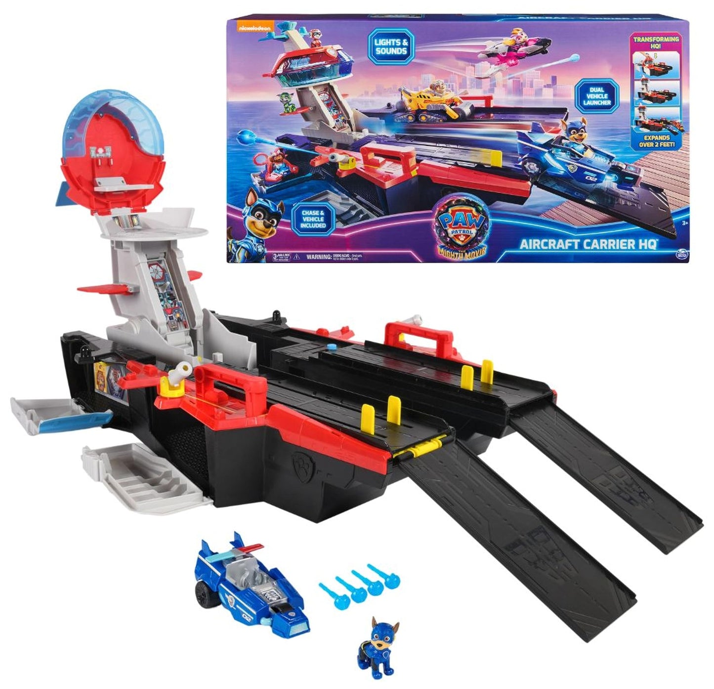 Paw Patrol: The Mighty Movie Aircraft Carrier HQ, with Chase Action Figure and Mighty Pups Cruiser, Kids’ Toys for Boys and Girls 3+