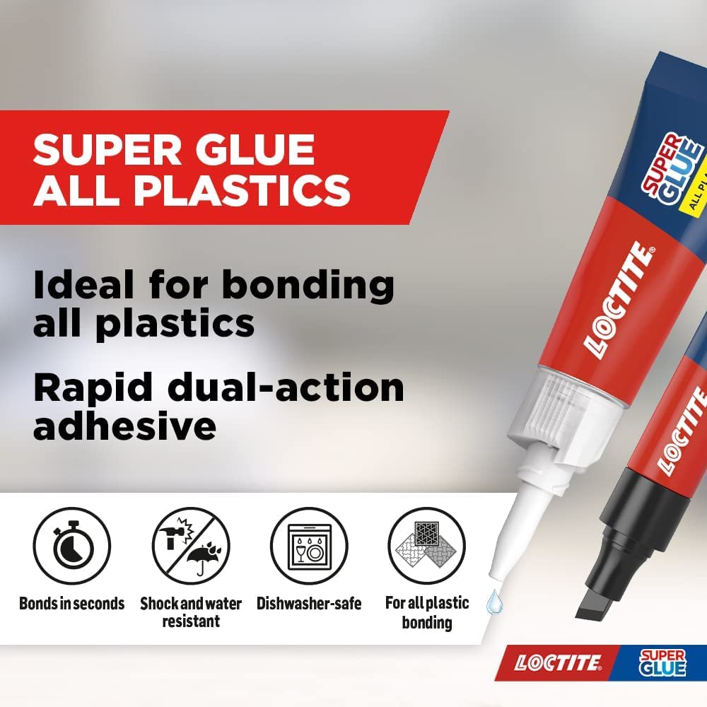 Loctite Super Glue All Plastics, Strong Plastic Glue, Easy to Use Instant Super Glue, Convenient Size 1x2g + 4ml