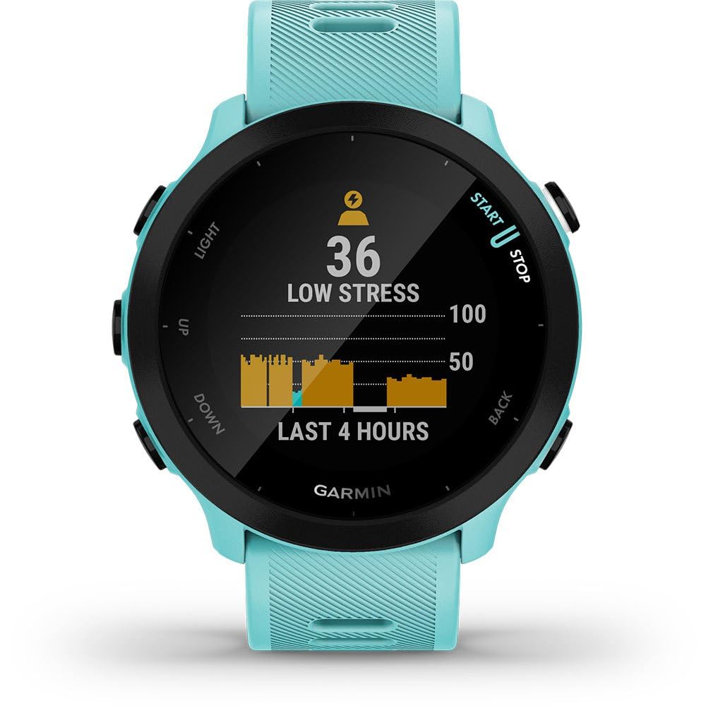 Garmin Forerunner 55 Easy to Use Lightweight GPS Running Smartwatch, Running and Training Guidance, Safety and Tracking Features included, Aqua