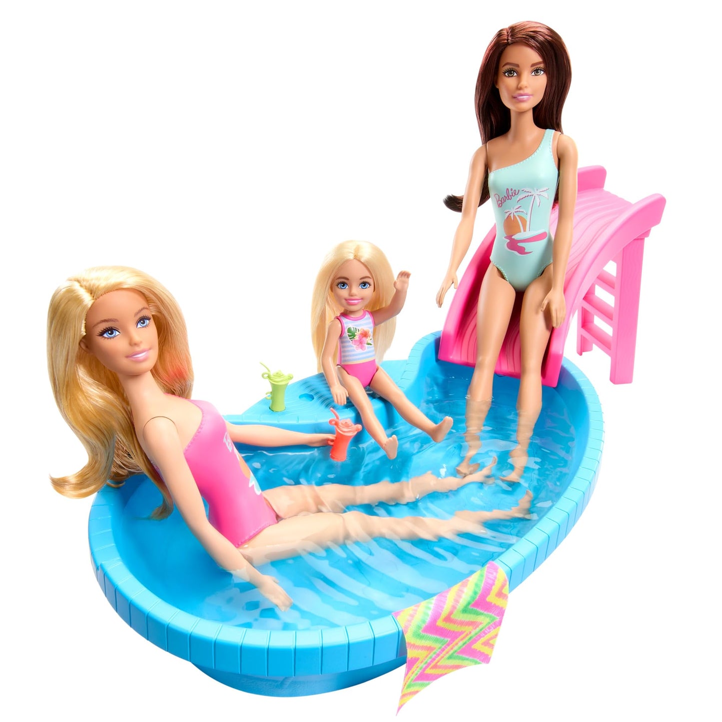 Barbie Doll and Pool Playset, Blonde in Tropical Pink One-Piece Swimsuit with Pool, Slide, Towel and Drink Accessories, HRJ74
