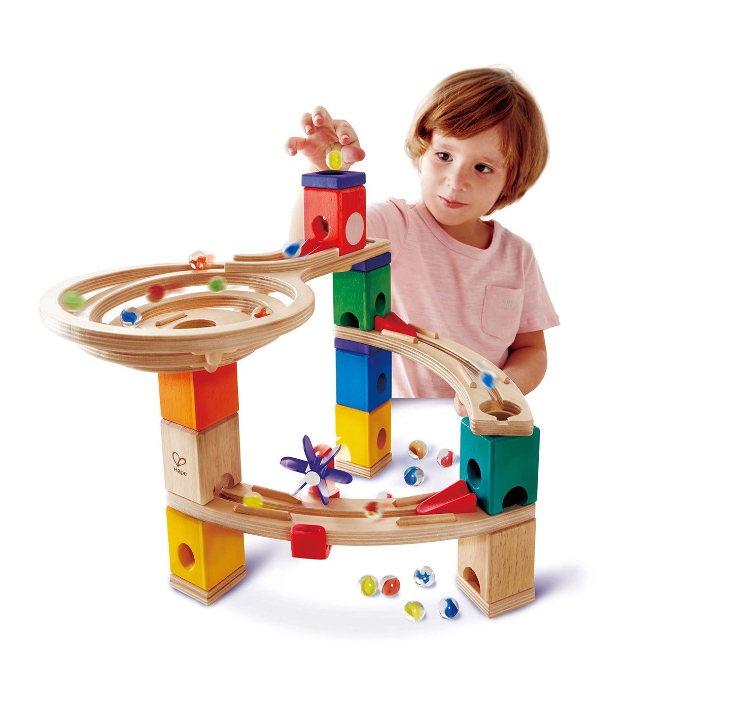 Hape E6021 Quadrilla Race to the Finish, Wooden Marble Run - 58 pieces, Educational Construction Toys for 4 Years and Up