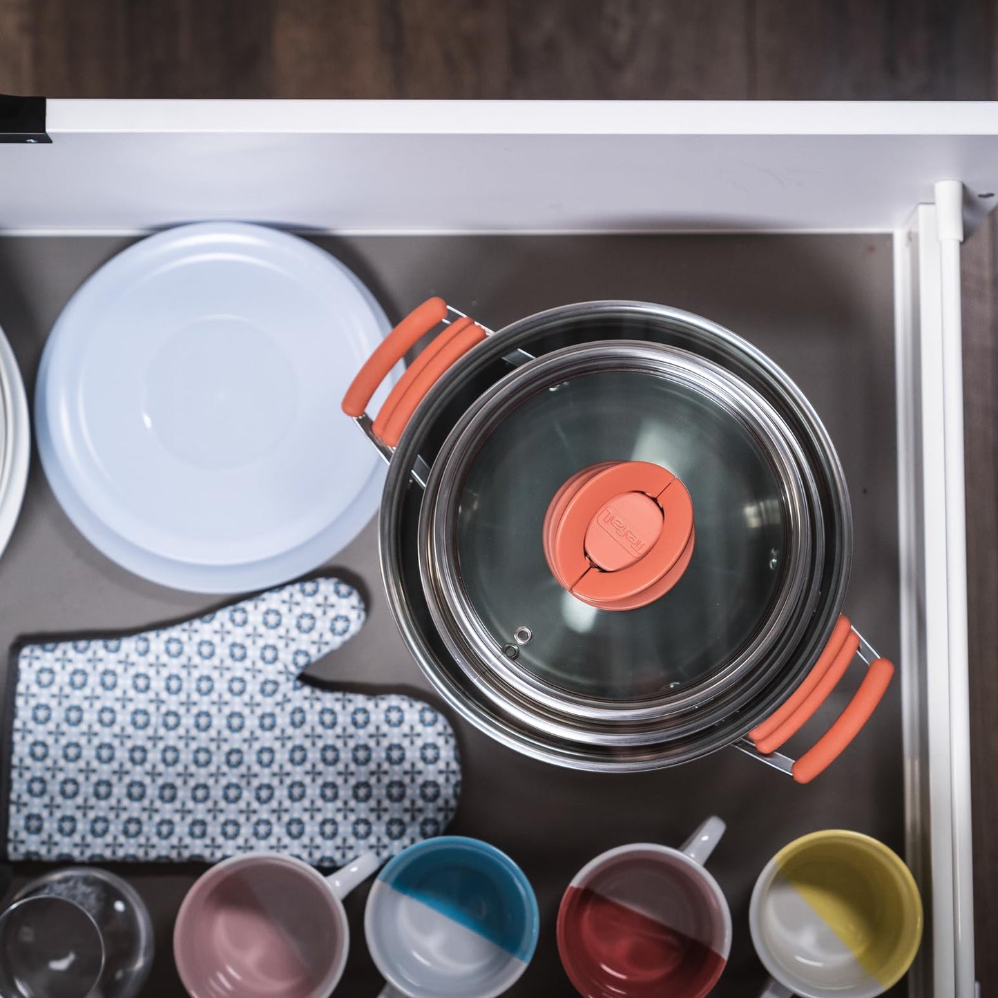 Tefal Opti'space Stainless Steel 6 Piece pots & Pans Set stewpots 18/20cm +lids Frying Pans 24/28cm, All hobs Compatible Including Induction, G720S604