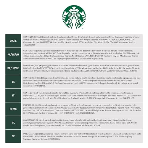 STARBUCKS Decaf Blonde Espresso Roast by Nespresso, Blonde Roast, Coffee Capsules 6 x 10 (60 Capsules)