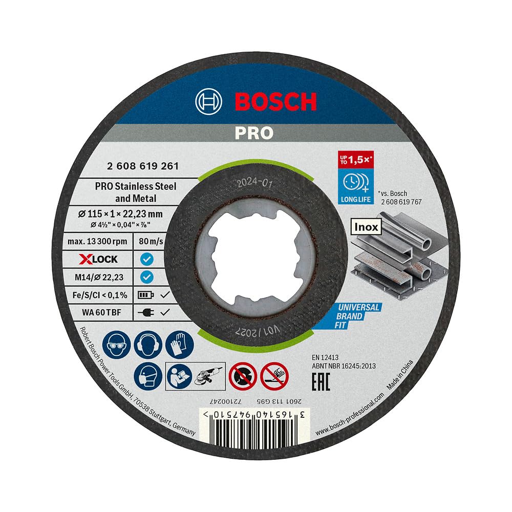 Bosch Professional Straight Cutting Disc Standard (for Inox, X-LOCK, Diameter 115 mm, Bore Diameter: 22.23 mm, Thickness: 1 mm), 2608619261