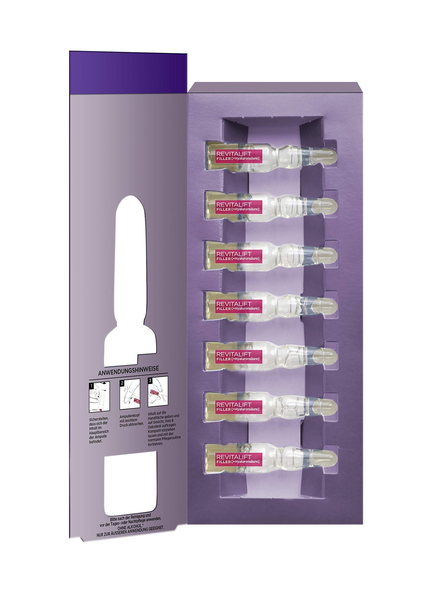 L'Oréal Paris Hyaluronic Ampoules, Revitalift Filler, Anti-Ageing Face Care, 7-Day Treatment, with Hyaluronic Acid, 7 x 1.3 ml