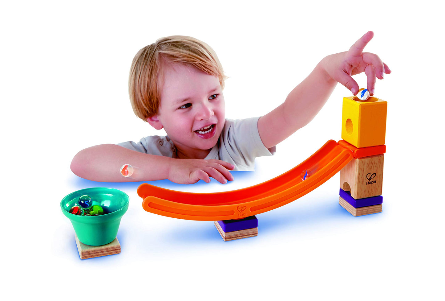 Hape E6021 Quadrilla Race to the Finish, Wooden Marble Run - 58 pieces, Educational Construction Toys for 4 Years and Up