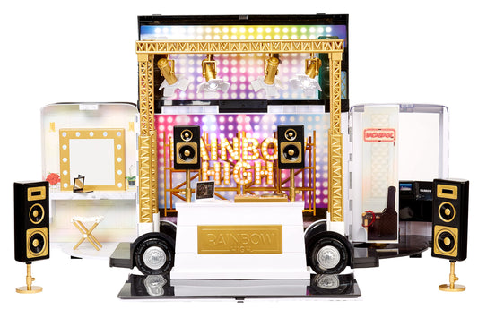 Rainbow High Rainbow Vision World Tour Bus & Bühne - 4-in-1-Deluxe-Spielset mit Lichtern — Inklusive DJ-Pult, Scheinwerfer, Schminktisch, Accessoires und Batterien — Für Kinder und Sammler ab 6 Jahren