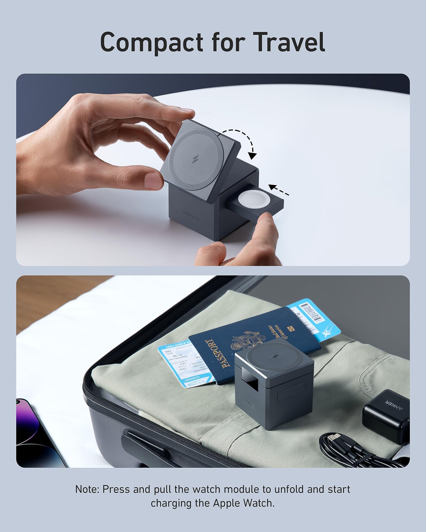 Anker 3-in-1 Cube Compatible with MagSafe - 15W Fast Charging, Foldable Wireless Charge Station for Apple Watch, iPhone 15/14/13, and AirPods Pro (Charger and Interchangeable Plugs Included)