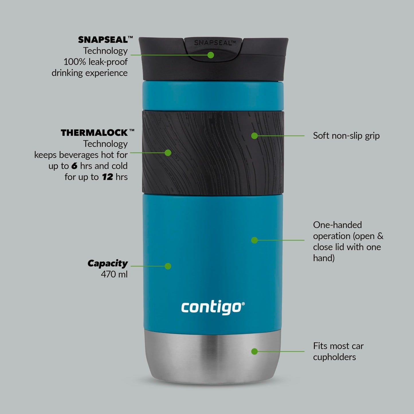 Contigo Byron Snapseal Travel Mug | Stainless Steel Thermal Mug | Vacuum Flask | Leakproof Tumbler | Coffee to Go Mug with BPA Free Easy-Clean Lid