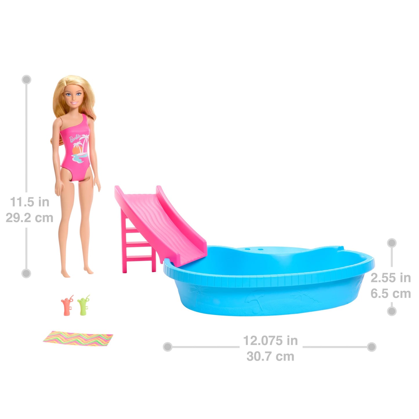 Barbie Doll and Pool Playset, Blonde in Tropical Pink One-Piece Swimsuit with Pool, Slide, Towel and Drink Accessories, HRJ74