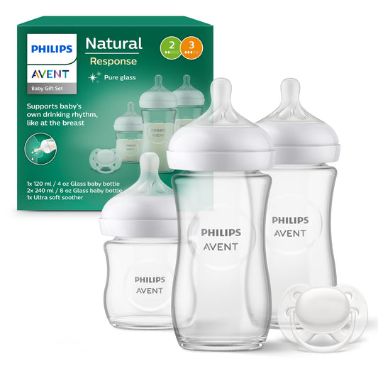 Philips Avent Glass Baby Bottle Newborn Gift Set - 3 Baby Milk Bottles, Ultra-Soft Pacifier for Babies Aged 0-6 Months+ (Model SCD878/11)