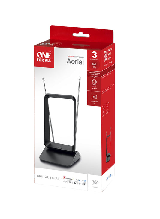 One For All Unamplified Indoor Digital TV Aerial - Ready to receive Freeview and Analogue TV Signals within a range of 3 miles - HD Ready - HDTV Antenna – UHF/VHF – black - SV9405