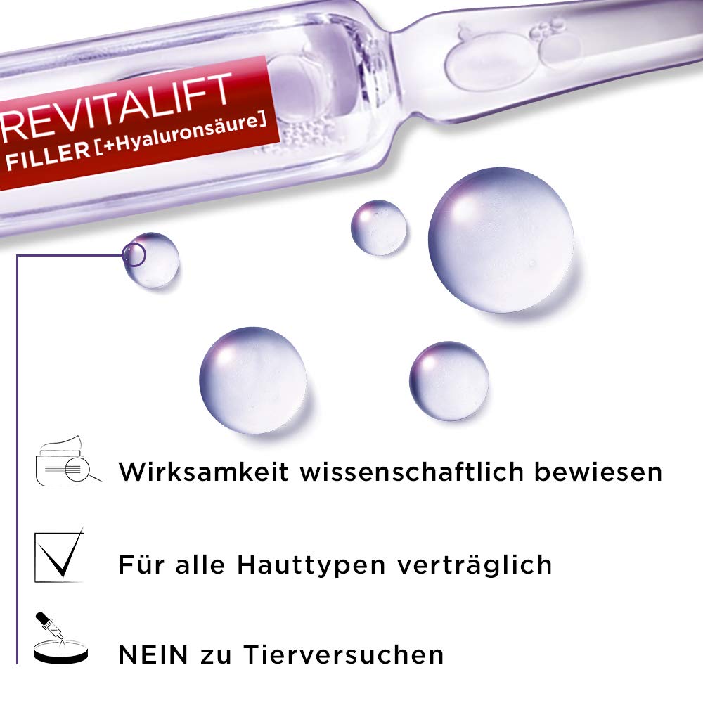L'Oréal Paris Hyaluronic Ampoules, Revitalift Filler, Anti-Ageing Face Care, 7-Day Treatment, with Hyaluronic Acid, 7 x 1.3 ml