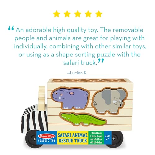 Melissa & Doug Wooden Shape Sorter Rescue Truck with Zoo & Safari Animals Toys for Kids | Wooden Puzzles for 2+ Year Olds | Montessori Toddler Wooden Animal Toys | Toddler Puzzles, Black