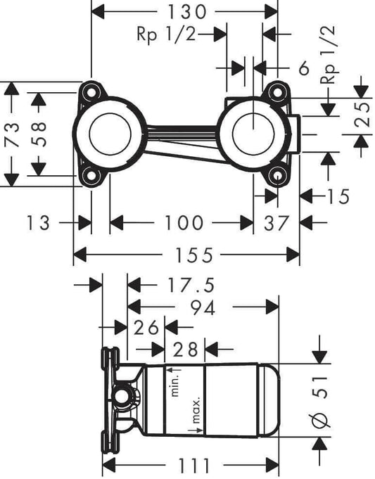 Hansgrohe Flush-Mounted Base Body for Single Lever Basin Mixer Tap for Wall Mounting