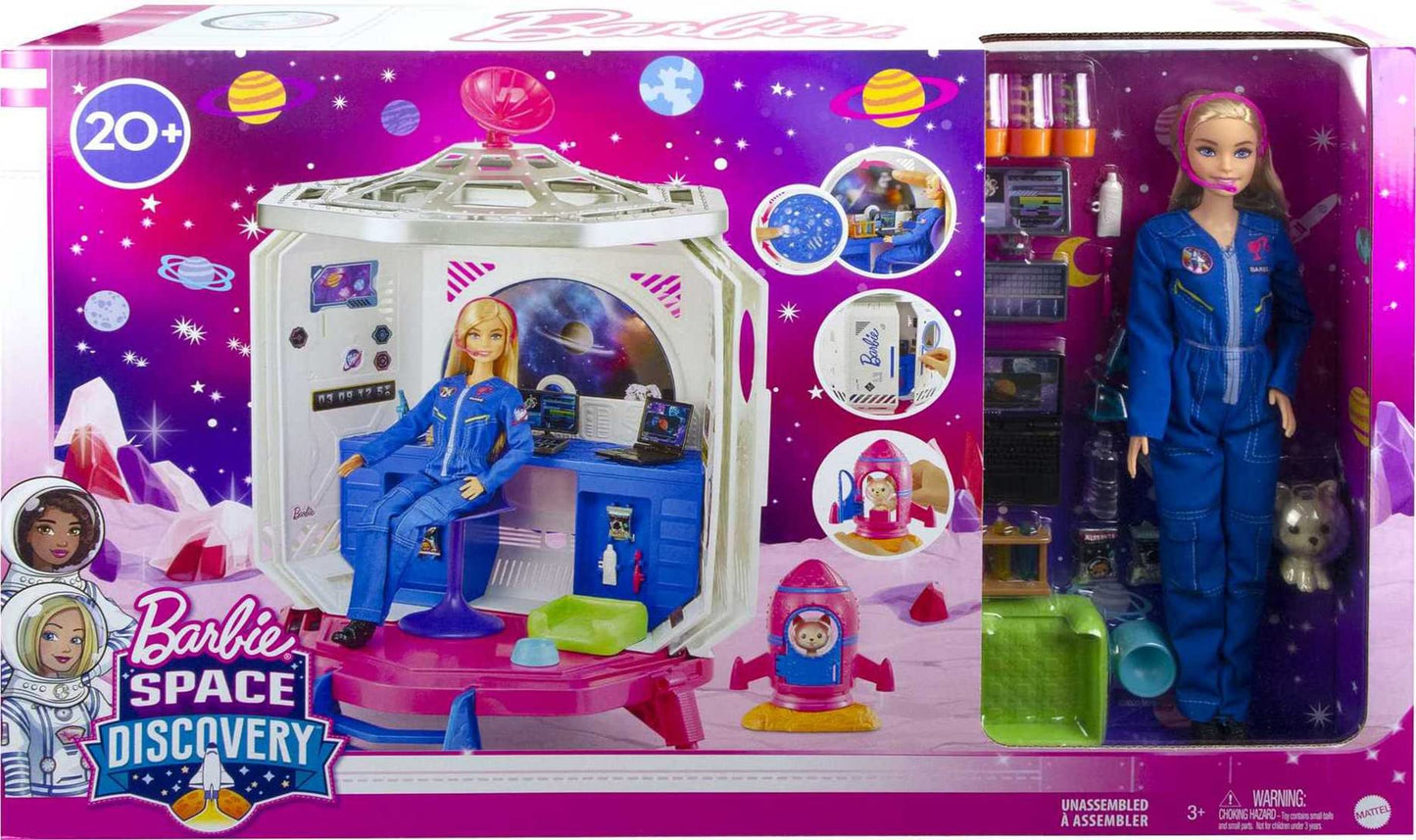 Barbie Space Discovery Space Station Playset with Space Explorer Doll, Puppy, Workstation, Satellite Space Scenes & 20 Space Station Items:Chair, Test Tubes, Microscope, Puppy Bed, 3-7Years Old