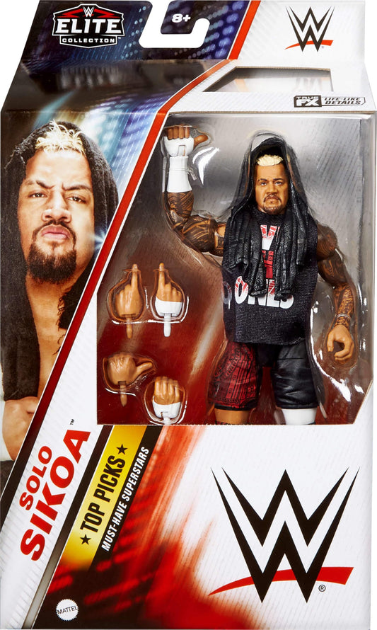 Mattel WWE Top Picks Elite Action Figure & Accessories Set, Solo Sikoa 6-inch Collectible with Swappable Hands, Ring Gear & 25 Articulation Points, HWX37