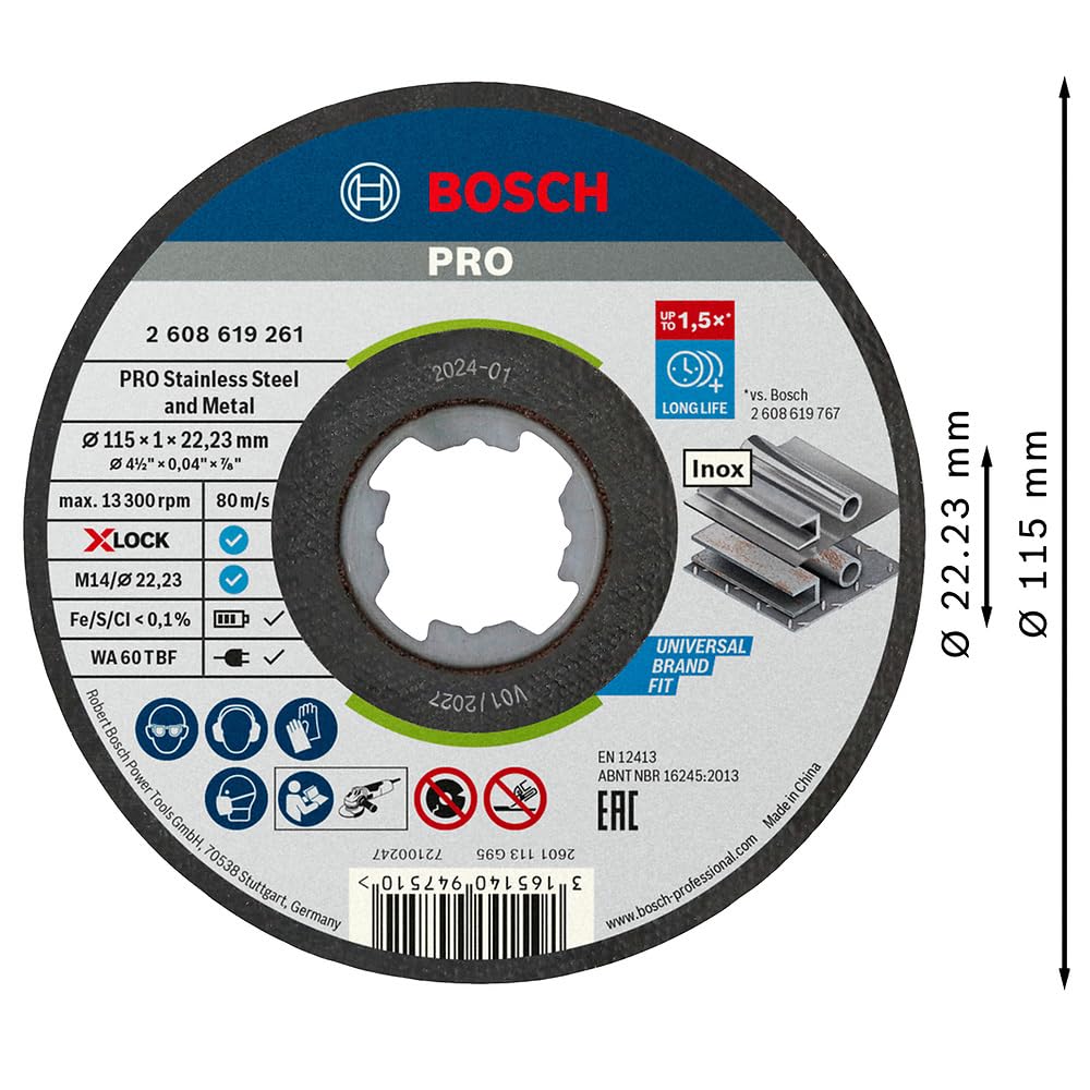 Bosch Professional Straight Cutting Disc Standard (for Inox, X-LOCK, Diameter 115 mm, Bore Diameter: 22.23 mm, Thickness: 1 mm), 2608619261
