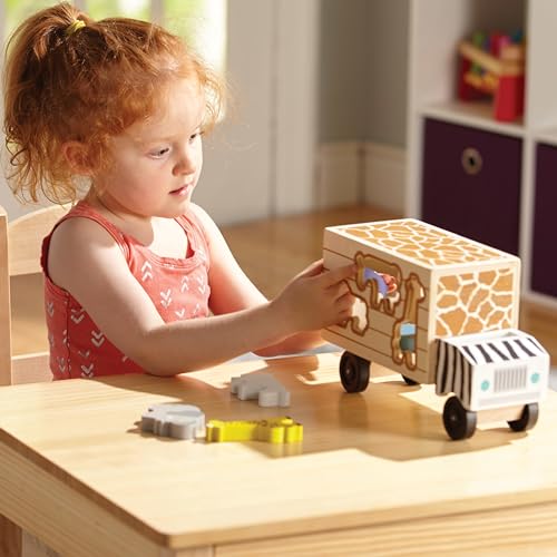 Melissa & Doug Wooden Shape Sorter Rescue Truck with Zoo & Safari Animals Toys for Kids | Wooden Puzzles for 2+ Year Olds | Montessori Toddler Wooden Animal Toys | Toddler Puzzles, Black