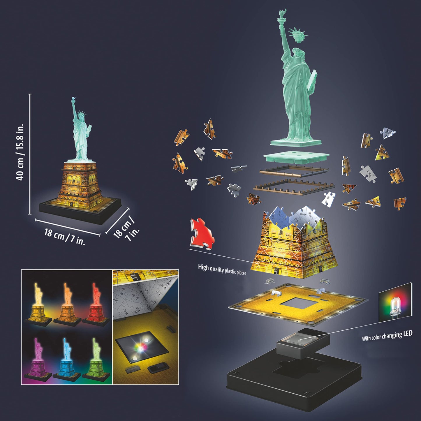 Ravensburger Statue of Liberty 108 Piece 3D Jigsaw Puzzle for Adults and Kids Age 8 Years Up - Night Edition with LED Lighting - New York USA