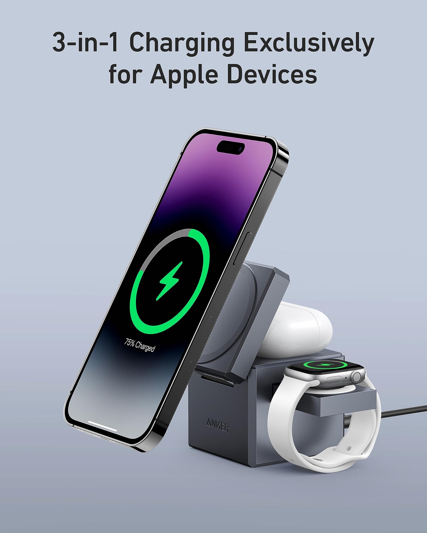 Anker 3-in-1 Cube Compatible with MagSafe - 15W Fast Charging, Foldable Wireless Charge Station for Apple Watch, iPhone 15/14/13, and AirPods Pro (Charger and Interchangeable Plugs Included)