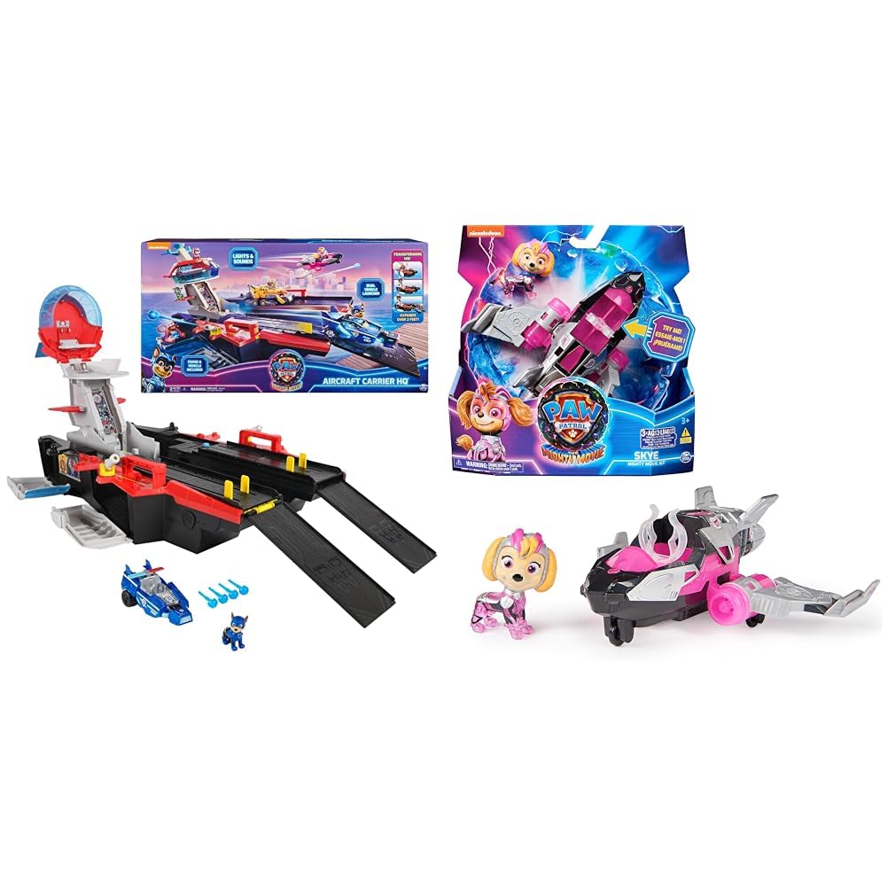 Paw Patrol: The Mighty Movie Aircraft Carrier HQ, with Chase Action Figure and Mighty Pups Cruiser, Kids’ Toys for Boys and Girls 3+
