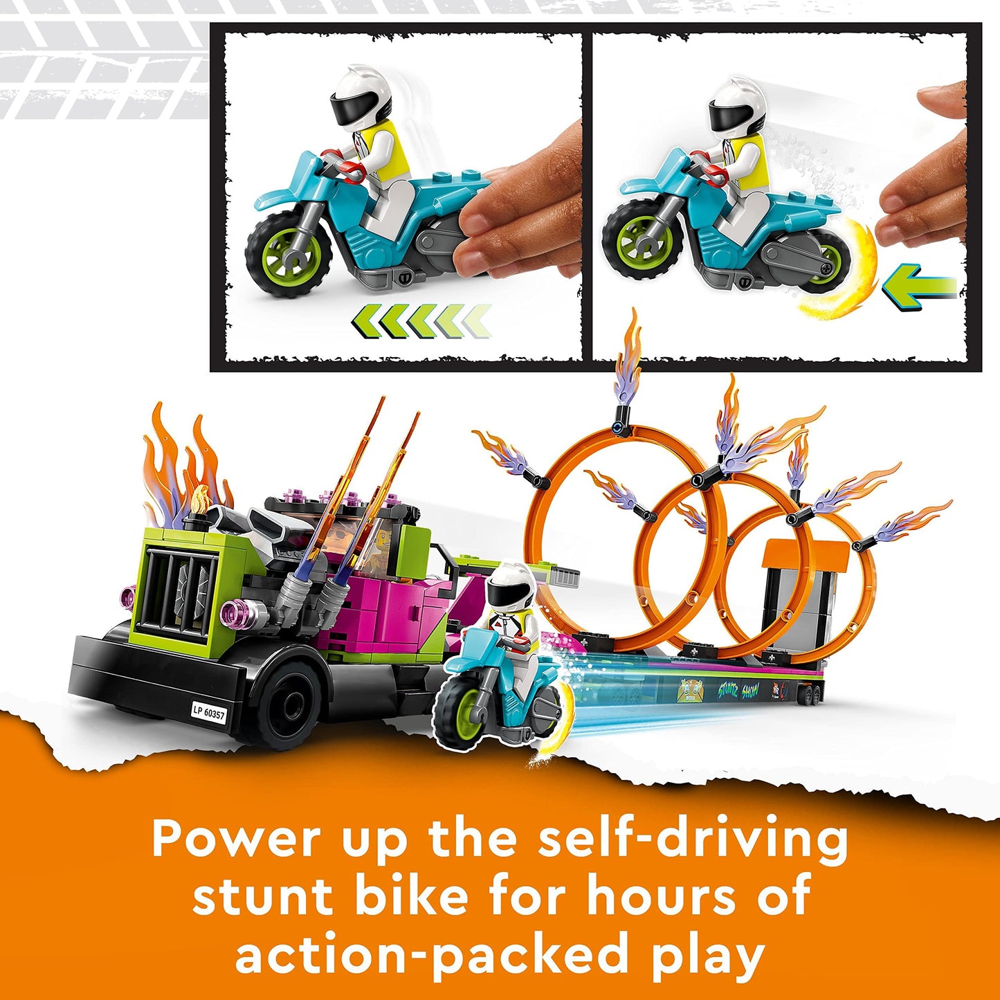 Lego 60357 City Stuntz Stunttruck mit Feuerreifen-Challenge, mit schwungradbetriebenem Motorradspielzeug und Minifiguren, lustiges Geschenk für Kinder ab 6 Jahren, 2023 Set