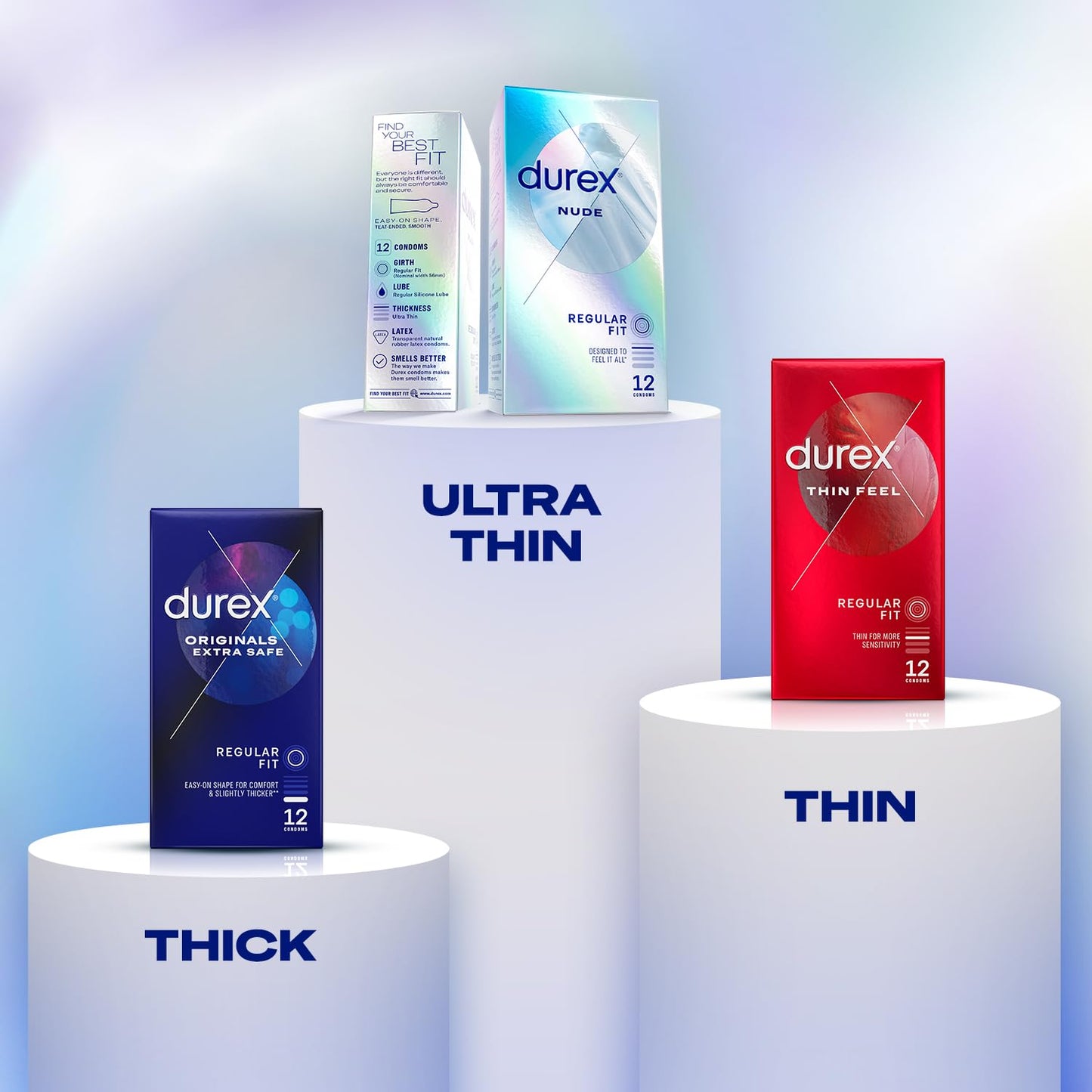 Durex Nude, Condoms, Wide Fit, 12s, Ultra Thin, Designed to Feel It All, with Silicone Lube