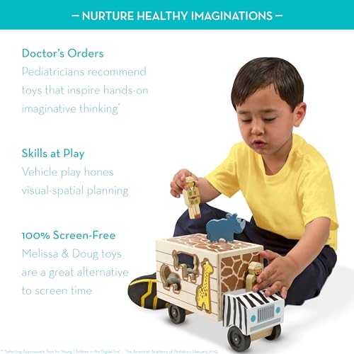 Melissa & Doug Wooden Shape Sorter Rescue Truck with Zoo & Safari Animals Toys for Kids | Wooden Puzzles for 2+ Year Olds | Montessori Toddler Wooden Animal Toys | Toddler Puzzles, Black