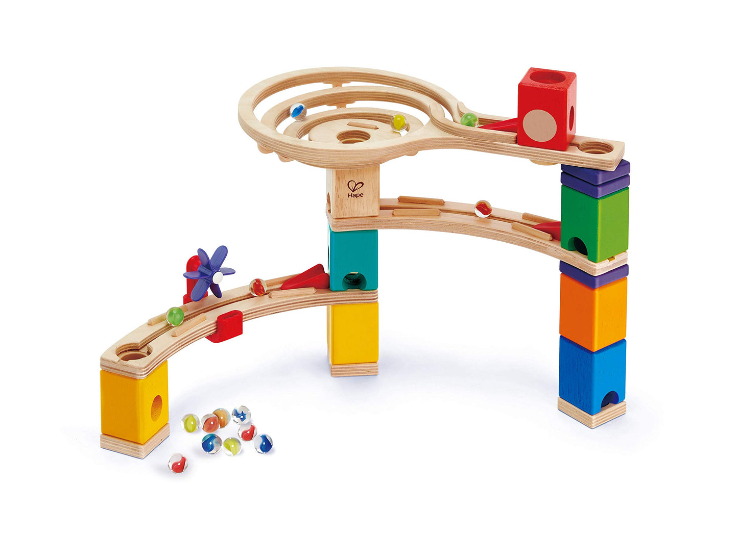 Hape E6021 Quadrilla Race to the Finish, Wooden Marble Run - 58 pieces, Educational Construction Toys for 4 Years and Up