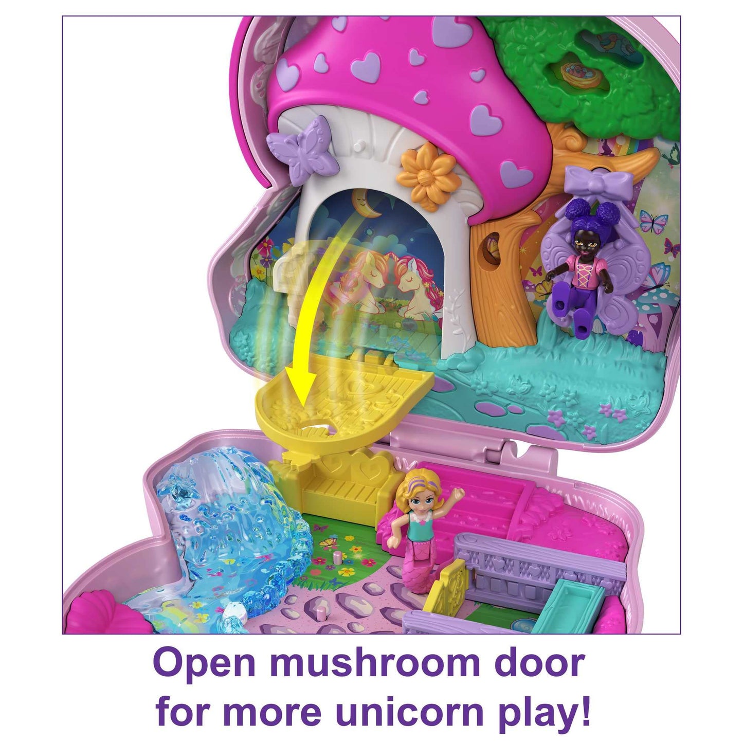 Polly Pocket Unicorn Forest Compact Tea Party-Themed Playset with Glitter Horn, 2 Micro Dolls & 13 Accessories, Toy Gift for Ages 4 Years Old & Up