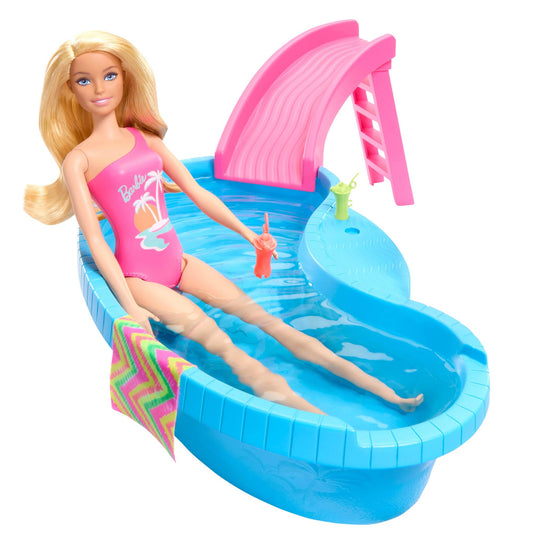 Barbie Doll and Pool Playset, Blonde in Tropical Pink One-Piece Swimsuit with Pool, Slide, Towel and Drink Accessories, HRJ74