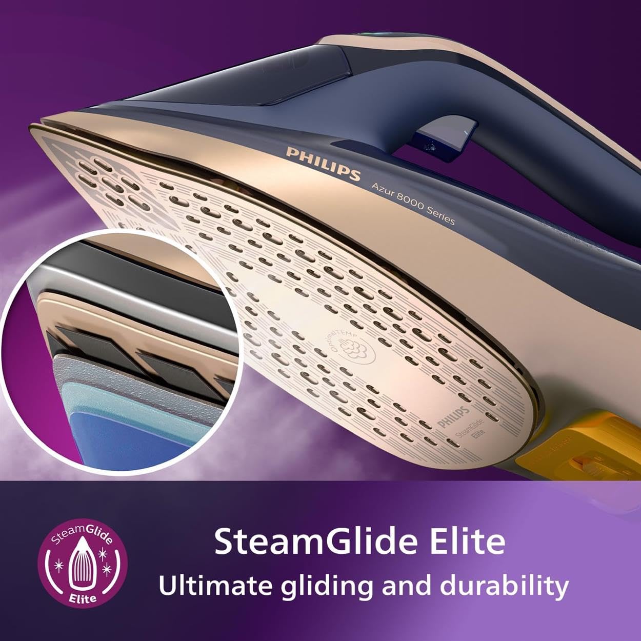 Philips Azur 8000 Series Steam Iron - 85 g/min of Continuous Steam, 260g Turbo Steam Boost, 3000 W, OptimalTEMP Technology, SteamGlide Elite Soleplate, Dark Blue (DST8050/26)