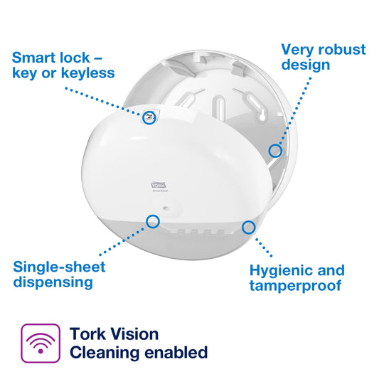 Tork SmartOne Mini Toilet Paper Roll Wall Mounted Dispenser White T9, Elevation Range, 681000