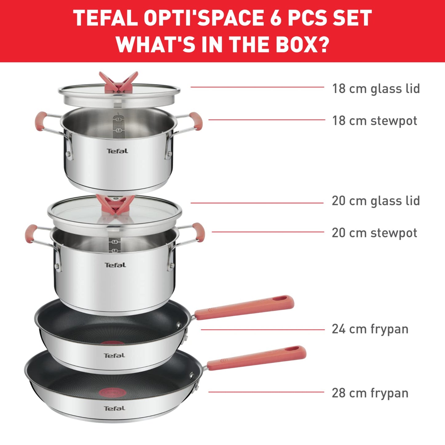 Tefal Opti'space Stainless Steel 6 Piece pots & Pans Set stewpots 18/20cm +lids Frying Pans 24/28cm, All hobs Compatible Including Induction, G720S604