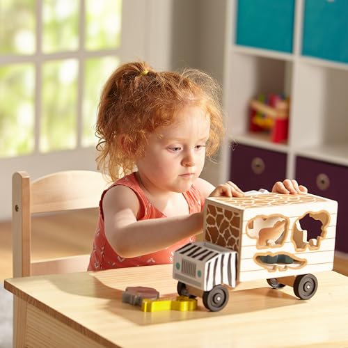 Melissa & Doug Wooden Shape Sorter Rescue Truck with Zoo & Safari Animals Toys for Kids | Wooden Puzzles for 2+ Year Olds | Montessori Toddler Wooden Animal Toys | Toddler Puzzles, Black
